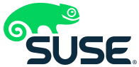 Ein grünes Camelion ist links über dem schwarzen Schriftzug SUSE platziert. Beides zusammen bildet das Logo von SUSE. 