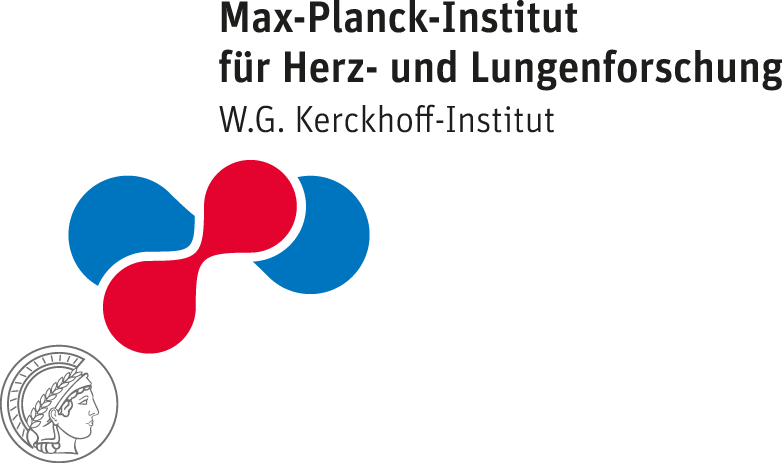 Das Logo des Max-Planck-Instituts für Herz- und Lungenforschung ist in schwarz, blau und rot gestaltet. 