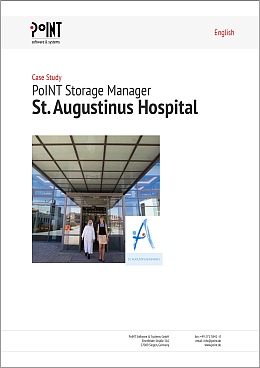 Seite eins der Cas Study der St. Augustinuskliniken zeigt einen Krankenhauseingang. Kliniken führen individuelles Information lifecycle management durch. 