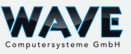 Diese Logo zeigt die schwarzen Buchstaben WAVE, die blau gerahmt sind.