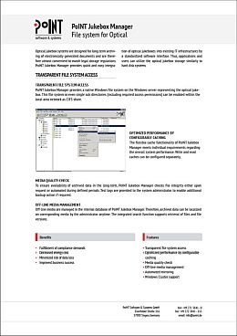 The datasheet is called "PoINT Jukebox Manager Dateisystem für Optical" and is lossenend with a picture from the software.