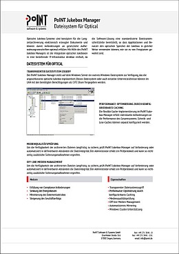 Das Datenblatt heißt "PoINT Jukebox Manager Dateisystem für Optical" und ist mit einem Bild aus der Software aufgelockert.