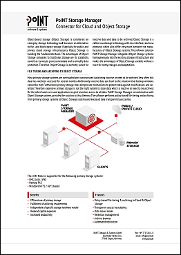 [Translate to en:] Das Datenblatt handelt vom PoINT Storage Manager mit Connectoren für Cloud und Objekt Storage Integration.