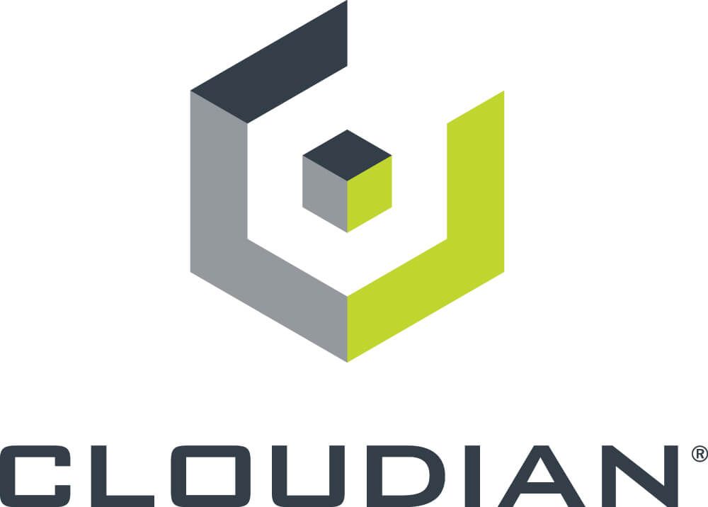 Logo-Technologiepartner-Cloudian Links neben den weißen Buchstaben Cloudian steht ein grau-grün-weißes Sechseck zu sehen.