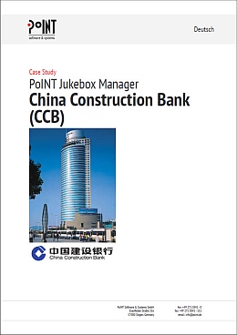 Die Case Study der China Construction Bank zeigt das große Bankgebäude unter blauem Himmel. 