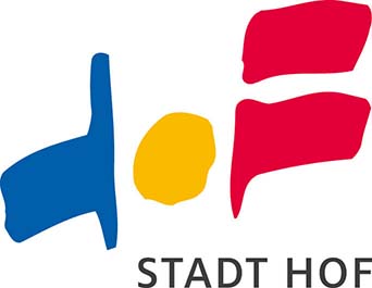Das Logo der Stadt Hof ist in blau, gelb und rot gehalten.