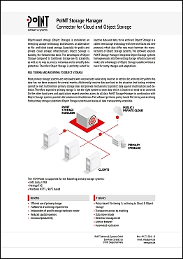 The data sheet, with a white background, black text and a graphic is about PoINT Storage Manager as a connector for cloud and object storage - a possibility for Information lifecycle management.
