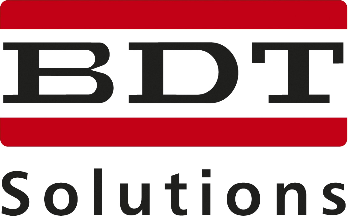 Zwischen zwei roten waagerechten Balken steht in schwarzer Schrift BDT geschrieben und darunter Solutions.