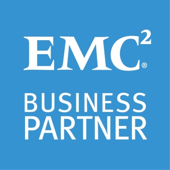 Auf einem blauen Viereck steht mit weißer Schrift EMC² Business Partner geschrieben. 