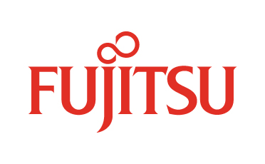 Die roten Lettern FUJITSU sind auf weißem Untergrund zu sehen. 