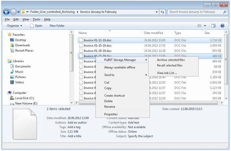 PoINT Storage Manager, "User Controlled Archiving" (Screenshot)